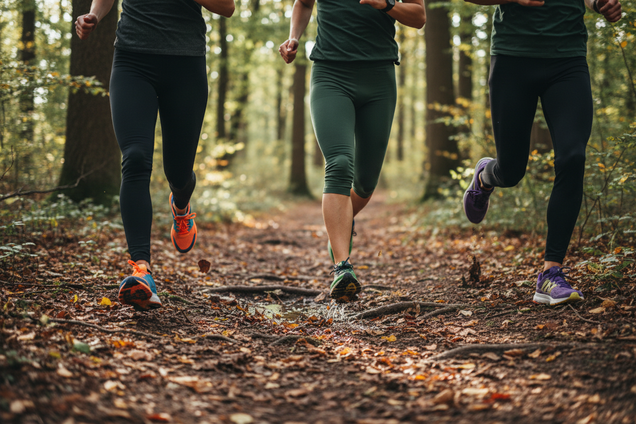 people running but only showing their legs, they are outside on a trail in the woods